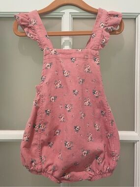 Angel Dear Rose Print Pink Corduroy Ruffle-Strap Romper NWOT